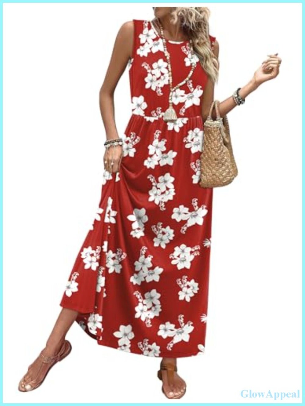 Flowy A-Line Maxi Sundress with Pockets, Elastic Waist, Sleeveless